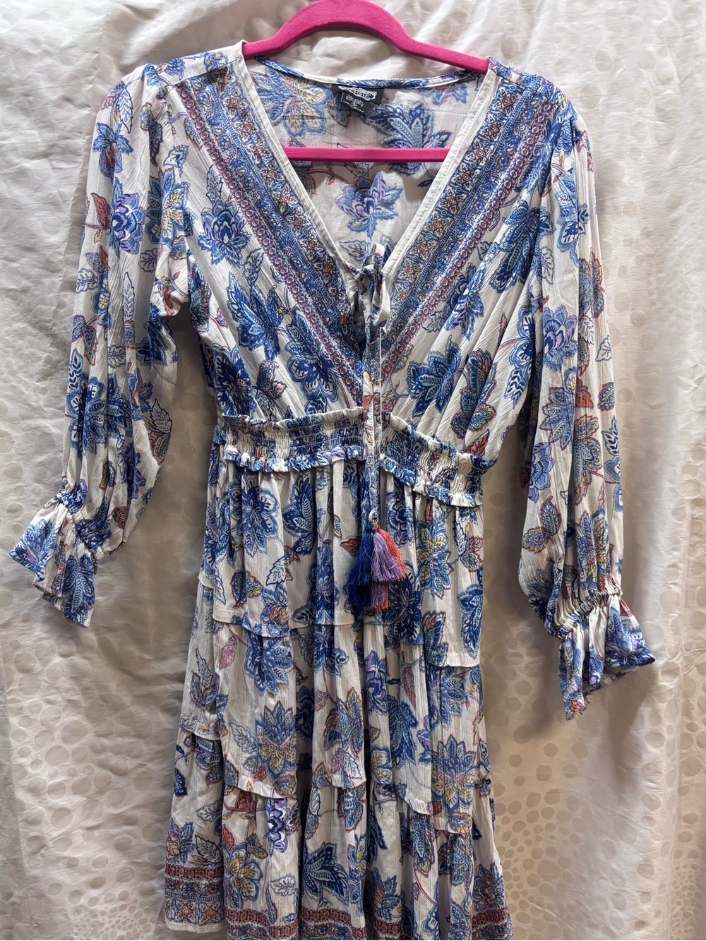 Angie Boho Floral Paisley Smocked Tiered Mini Dress-size small